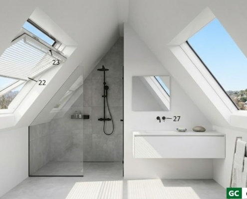 Bagno in mansarda con finestra da tetto Velux GGU vetro opaco ventilazione naturale Como Milano