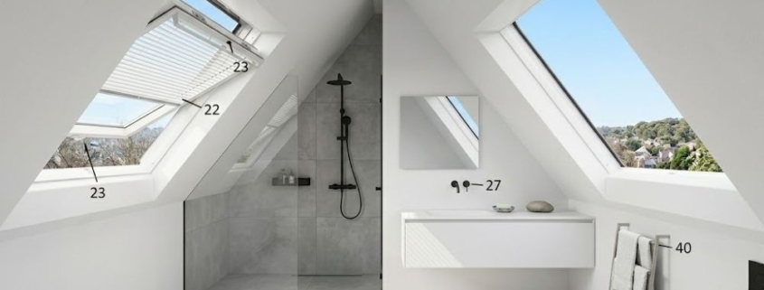 Bagno in mansarda con finestra da tetto Velux GGU vetro opaco ventilazione naturale Como Milano